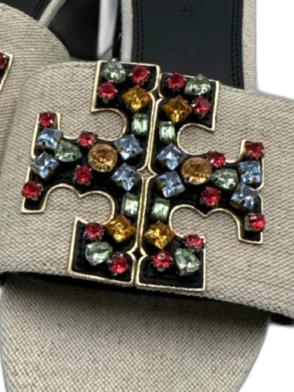 TORY BURCH Ines Embellished Linen Leather Mules 9.5 Rhinestone $300